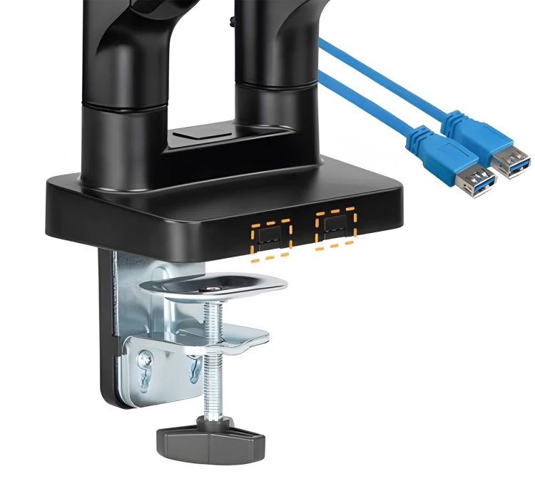 Uchwyt biurkowy na 2 monitory z dwoma portami USB w podstawie, przekątną 17"-32", VESA SolidHand-CS02U