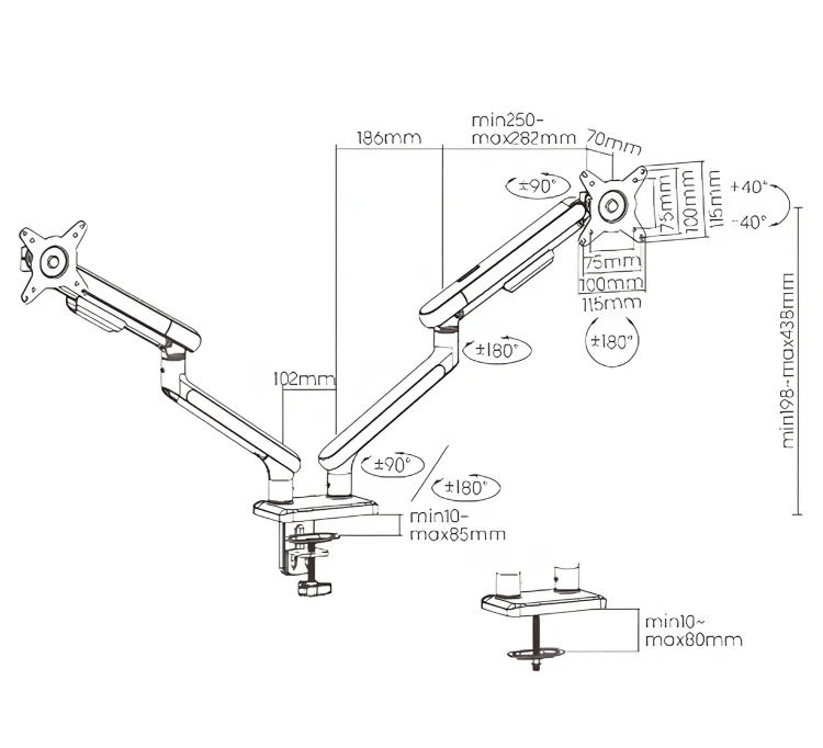 Podwójny uchwyt na monitor do biurka z przekątną 17"-32", standard VESA, waga monitora do 9 kg SolidHand-FS02