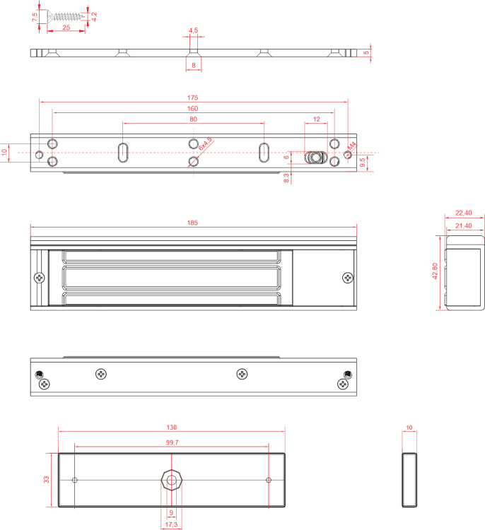 Zwora elektromagnetyczna zewnętrzna 180kg z sygnalizacją EL-350WS - wymiary