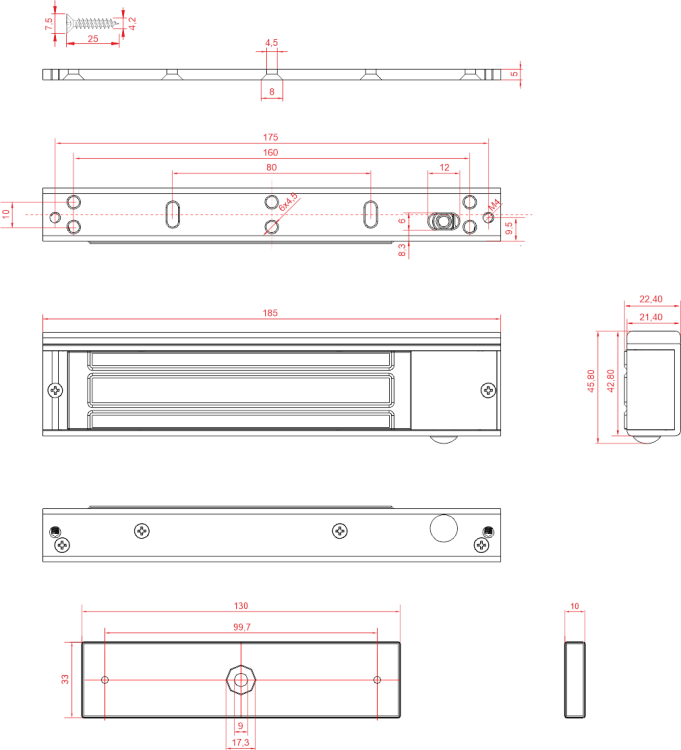 Zwora elektromagnetyczna 180kg z sygnalizacją EL-350SL2 - wymiary
