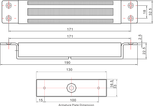 Zwora elektromagnetyczna wpuszczana 180kg z sygnalizacją EL-350MS - wymiary
