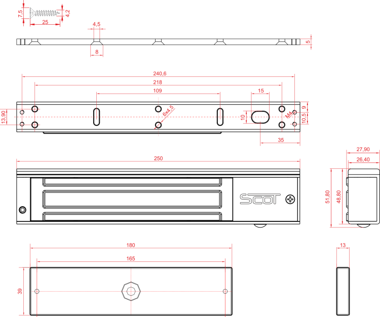 Zwora elektromagnetyczna 280kg z sygnalizacją EL-600SL - wymiary