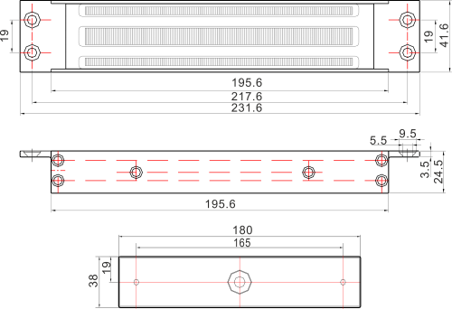 Zwora elektromagnetyczna wpuszczana 280kg z sygnalizacją EL-600MS - wymiary