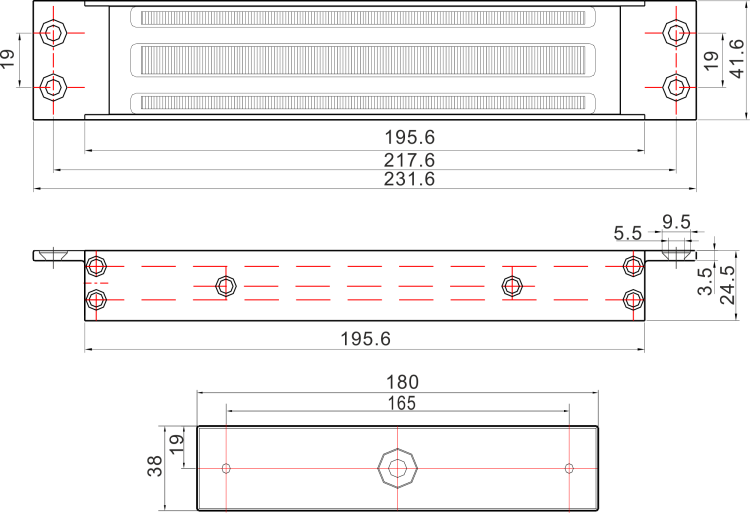 Zwora elektromagnetyczna wpuszczana 280kg z sygnalizacją EL-600MS - wymiary