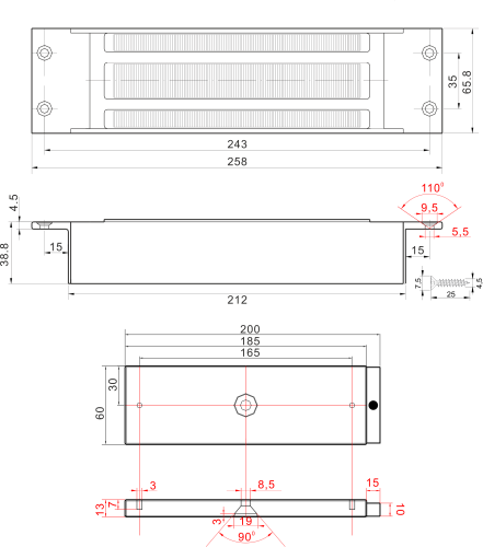 Zwora elektromagnetyczna wpuszczana 540kg z sygnalizacją EL-1200MS - wymiary.