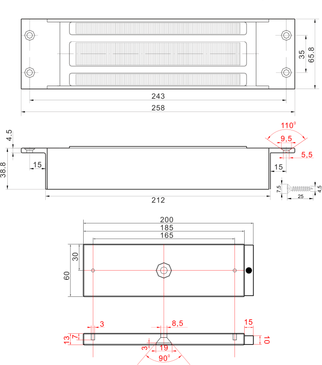 Zwora elektromagnetyczna wpuszczana 540kg z sygnalizacją EL-1200MS - wymiary.