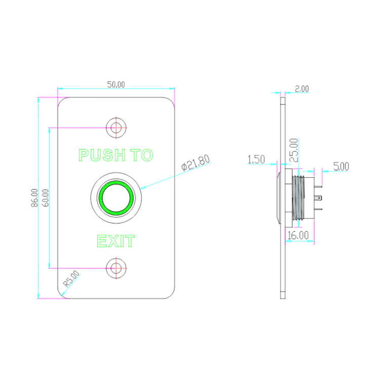 Przycisk wyjścia podtynkowy z podświetleniem, zewnętrzny BT-7ANW