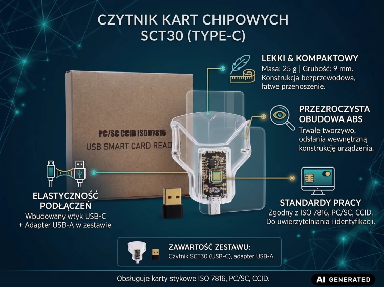 Czytnik kart SmartCard AID SCT30 USB-C z adapterem USB-A przezroczysty