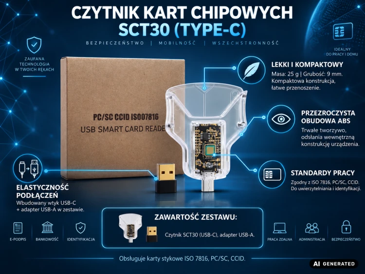 Czytnik kart SmartCard AID SCT30 USB-C z adapterem USB-A przezroczysty
