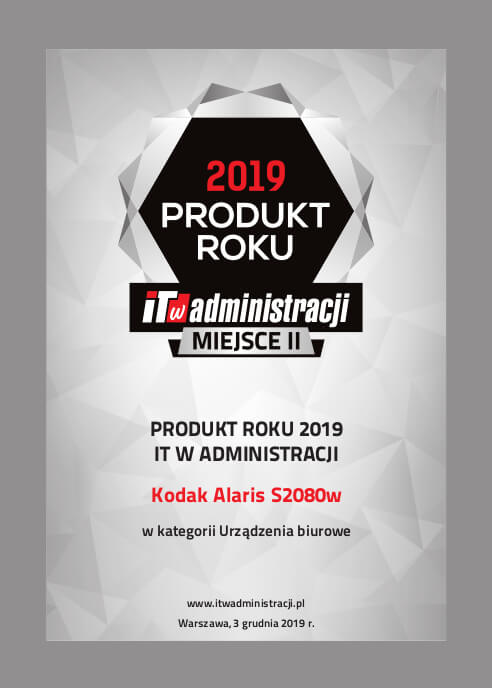 KODAK ALARIS S2080W - Produkt Roku 2019 IT w Administracji -certyfikat