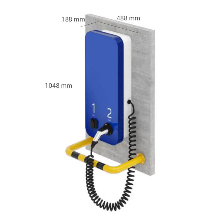 Dwustanowiskowa stacja szybkiego ładowania pojazdów elektrycznych typu wallbox AID-2P-W022OD